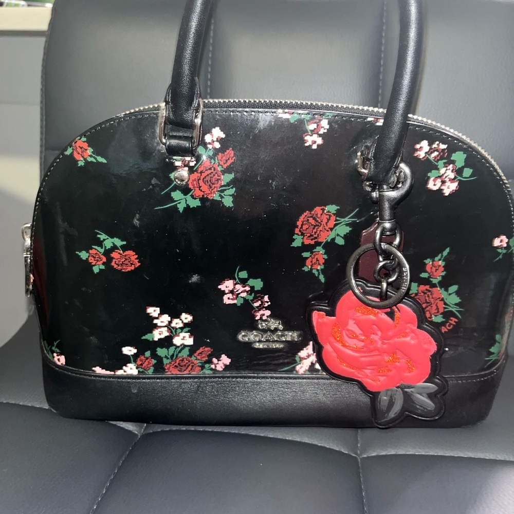 Coach Black Satchel with Red Floral Design